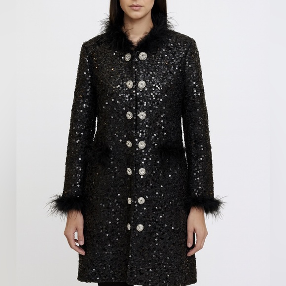 Black Sequin Faux Fur Long Jacket - Picture 1 of 11